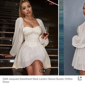 D&M Jacquard sweetheart neck lantern sleeve bustier chiffon dress